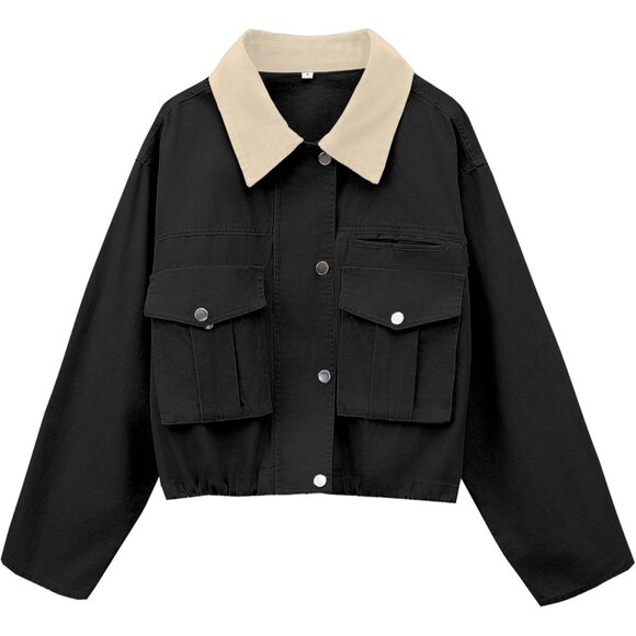 Women Black Cropped Utility Cargo Coat Contrast Collar Barn Outwear - Picture 1 of 6